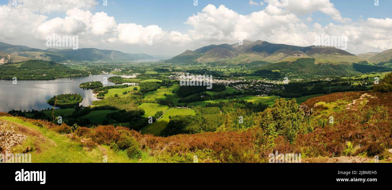 Panoramic view of the north end of Derwent Water in the lake district Cumbria viewed from Walla Crag with Skiddaw in the background Stock Photo
