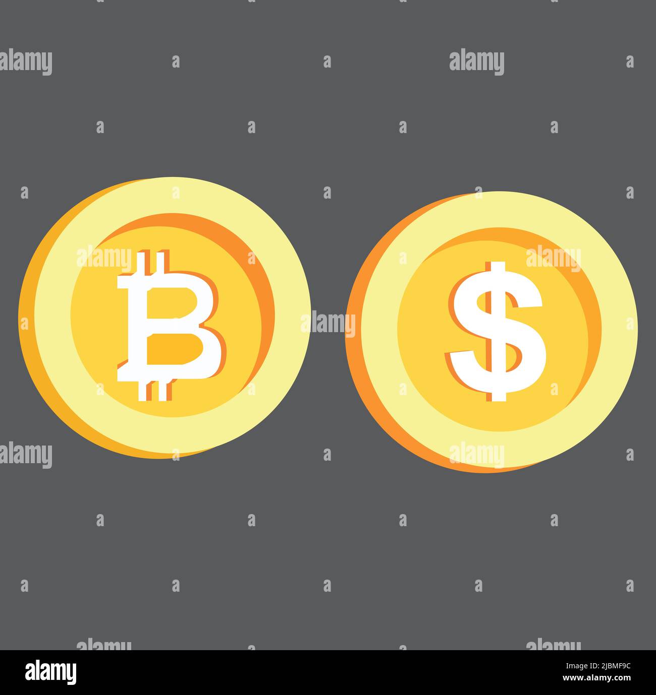 bitcoin and dollar coin vector. on gray background Stock Vector