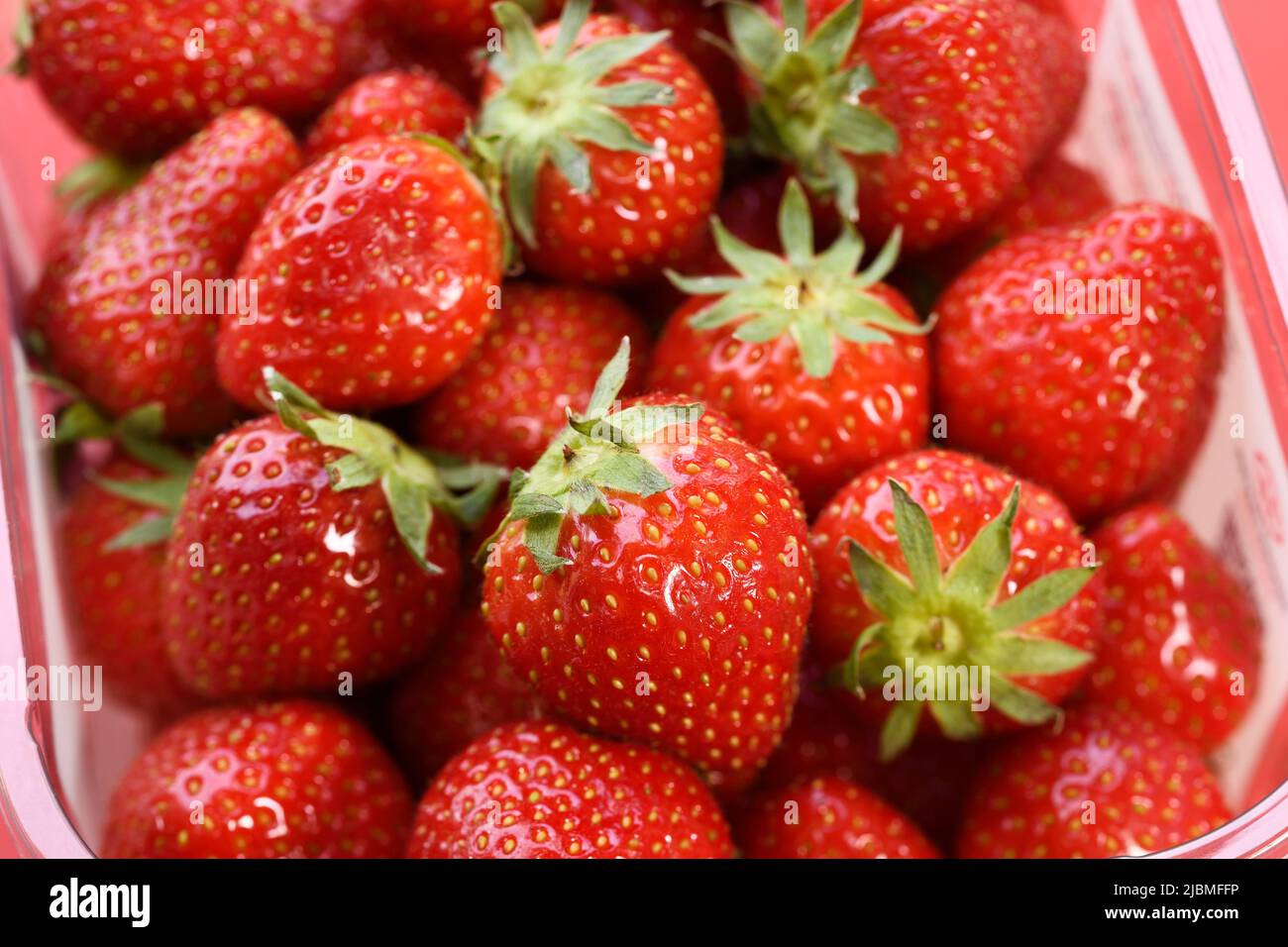 Close up detail of ripe strawberries in a plastic punnet Stock Photo