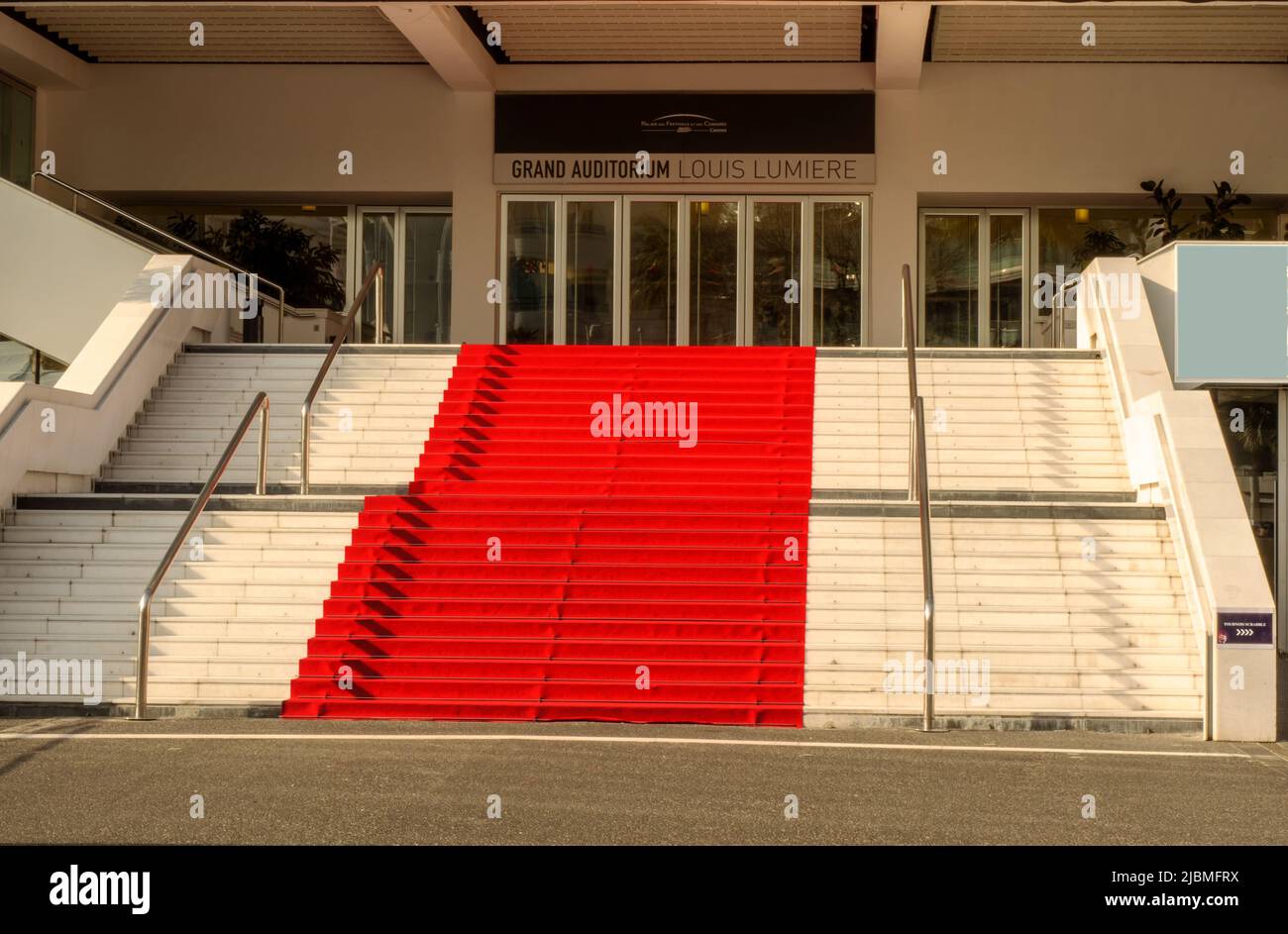 Cannes, France 02-23-2020 famous red  carpet of the palais des festivals et des congres de Cannes,  Grand Auditorium Louis Lumiere Stock Photo