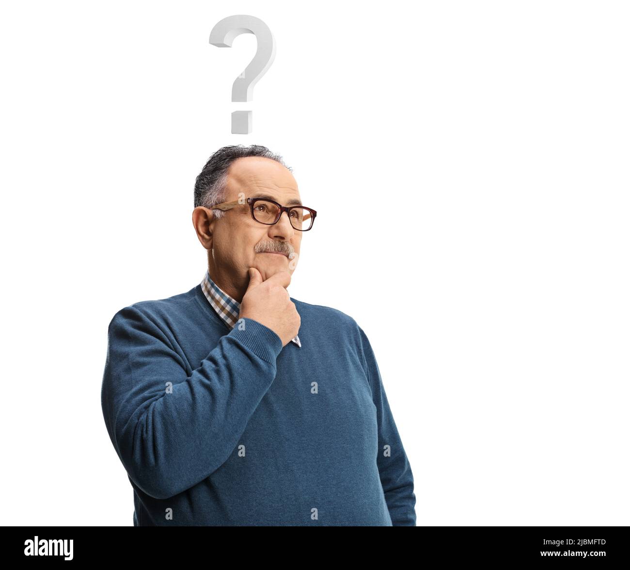 Pensive mature man standing and thinking with a question mark above his head isolated on white background Stock Photo