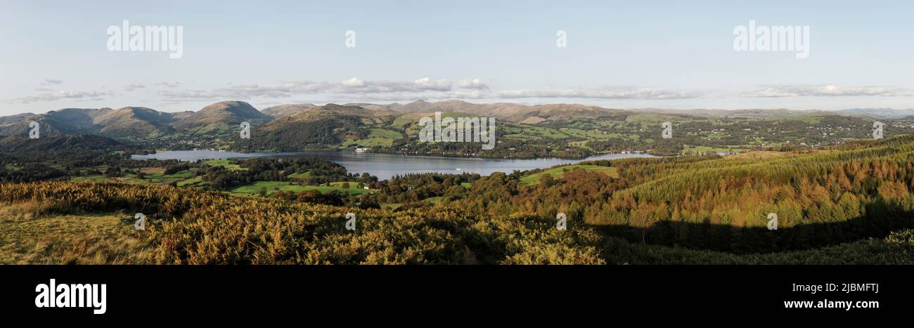 Panoramic view of Lake Windermere in the lake district Cumbria as seen from Latterbarrow Stock Photo