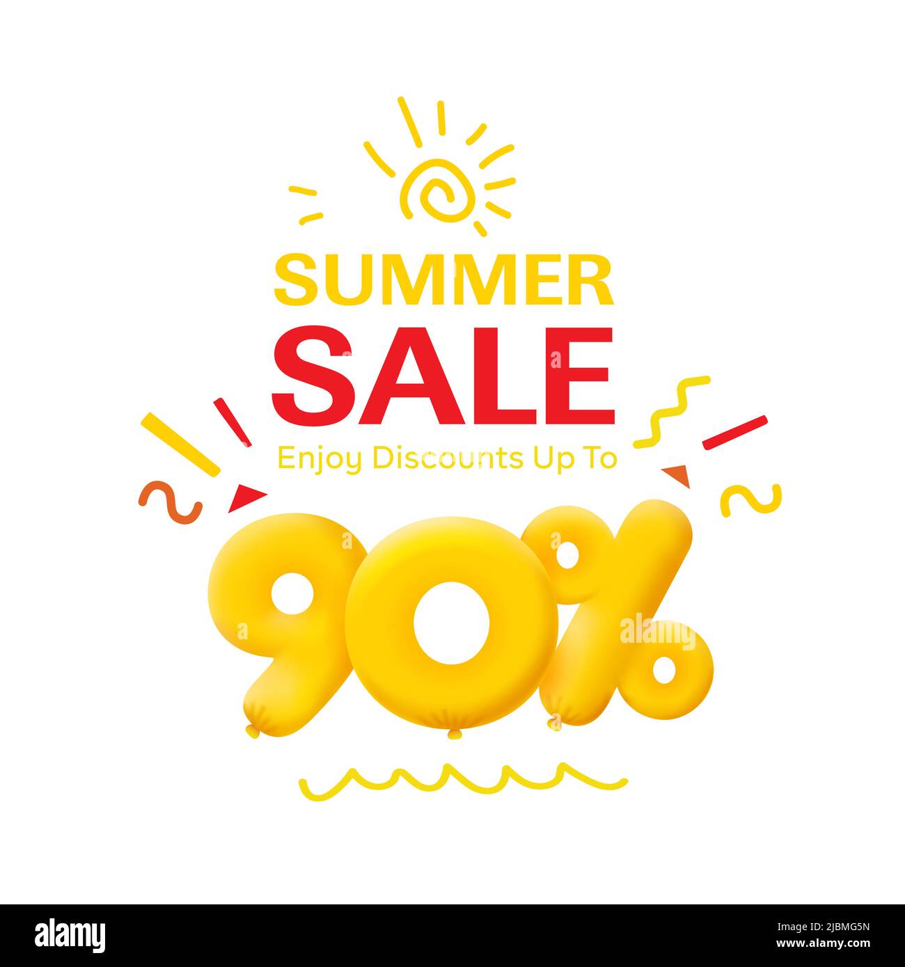 Special offer sale 90% discount 3D number Yellow tag voucher vector illustration. Discount season label 90 percent off promotion advertising summer sale coupon promo marketing banner holiday weekend Stock Vector