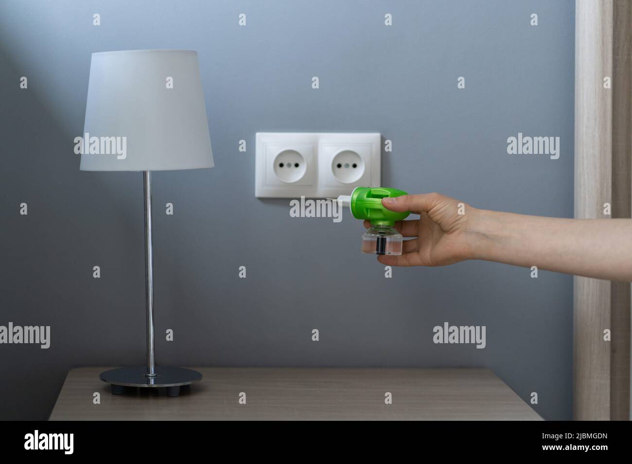 Hand plugs mosquito repellent into socket before going to bed. Domestic