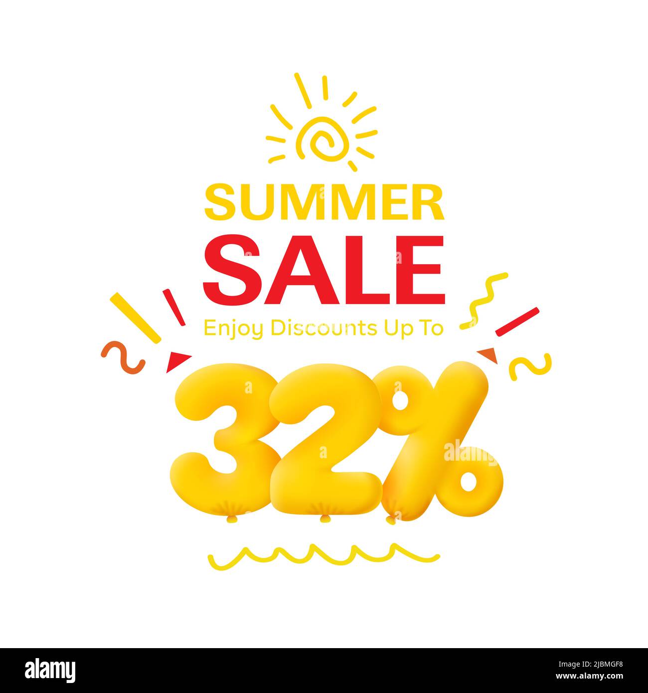Special offer sale 32% discount 3D number Yellow tag voucher vector illustration. Discount season label 32 percent off promotion advertising summer sale coupon promo marketing banner holiday weekend Stock Vector