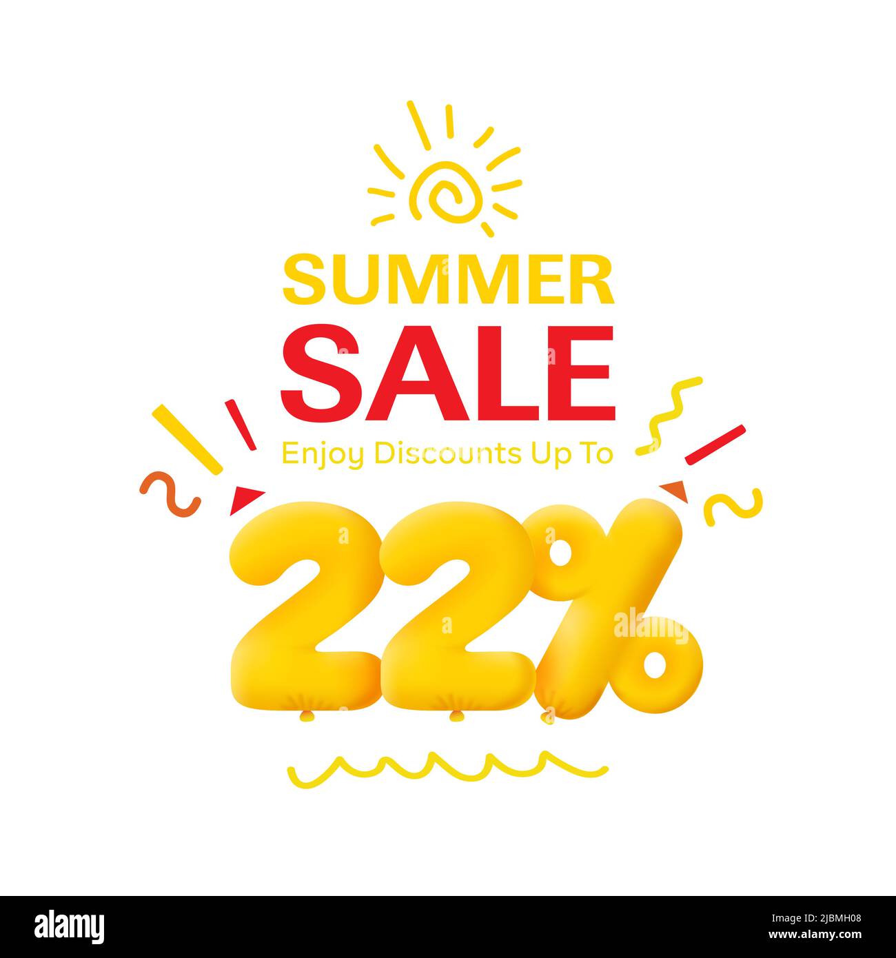 Special offer sale 22% discount 3D number Yellow tag voucher vector illustration. Discount season label 22 percent off promotion advertising summer sale coupon promo marketing banner holiday weekend Stock Vector