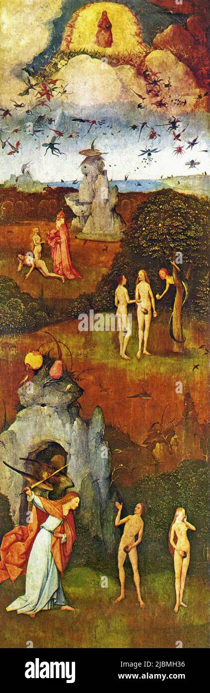 'The Creation and the Fall of Man and the Expulsion of the Rebel Angels from Heaven'. 'The Haywain'. Left Wing of the triptych. Painting by Bosch. Stock Photo