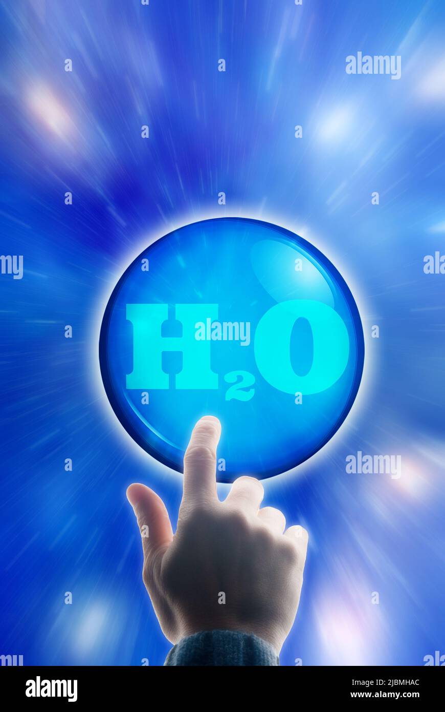 touching a sphere with H2O chemical formula  for water Stock Photo