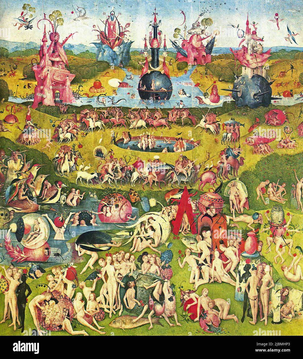 'The Garden of Earthly Delights'. Painting by Hieronymus Bosch. Central panel of triptych. Madrid, Prado. Stock Photo