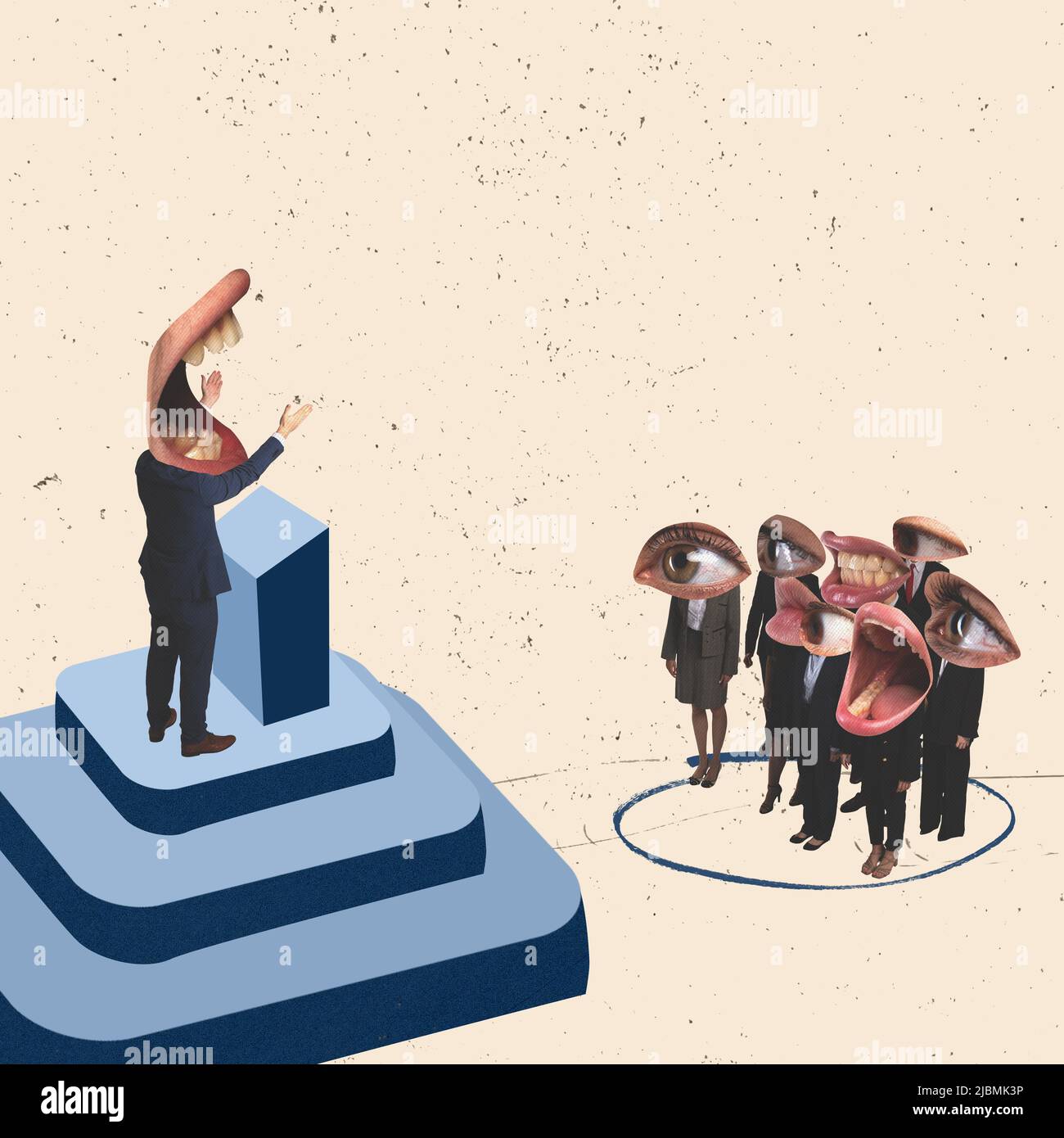 Contemporary art collage. Group of people listening to man, speaker