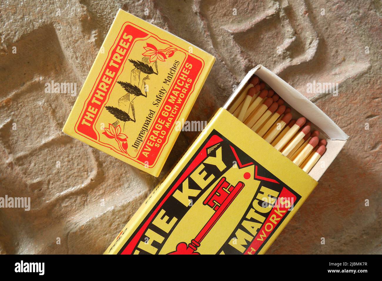 Boxes of Czech safety matches, brands, the Three Trees and the Key Stock Photo