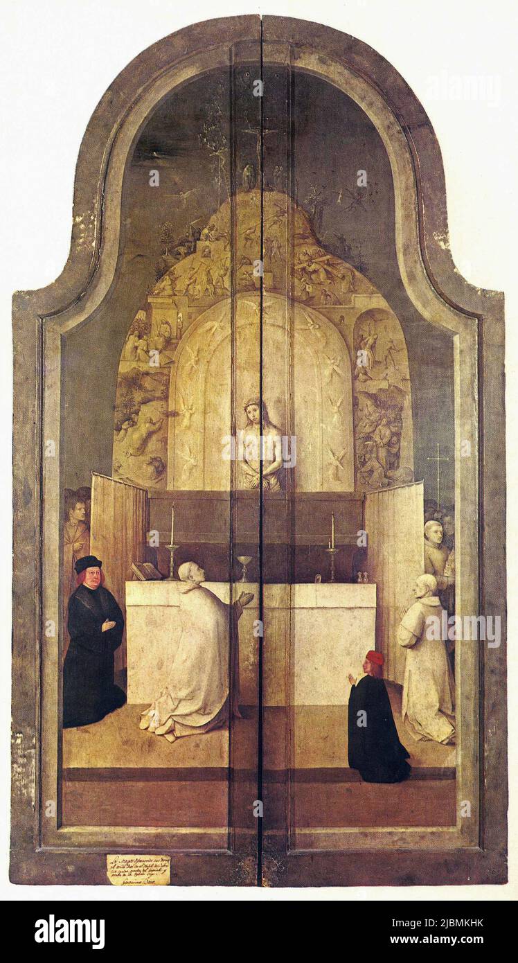 'The Mass of St.Gregory' The closed wings of the triptych 'The Adoration of the Magi' by Hieronymus Bosch. Madrid, Prado. Stock Photo