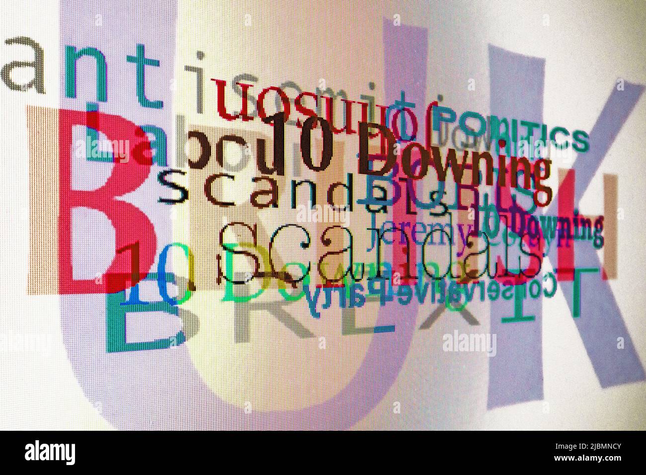 A screenshot featuring some of the words involved in UK scandals these days..a creative approach. Stock Photo