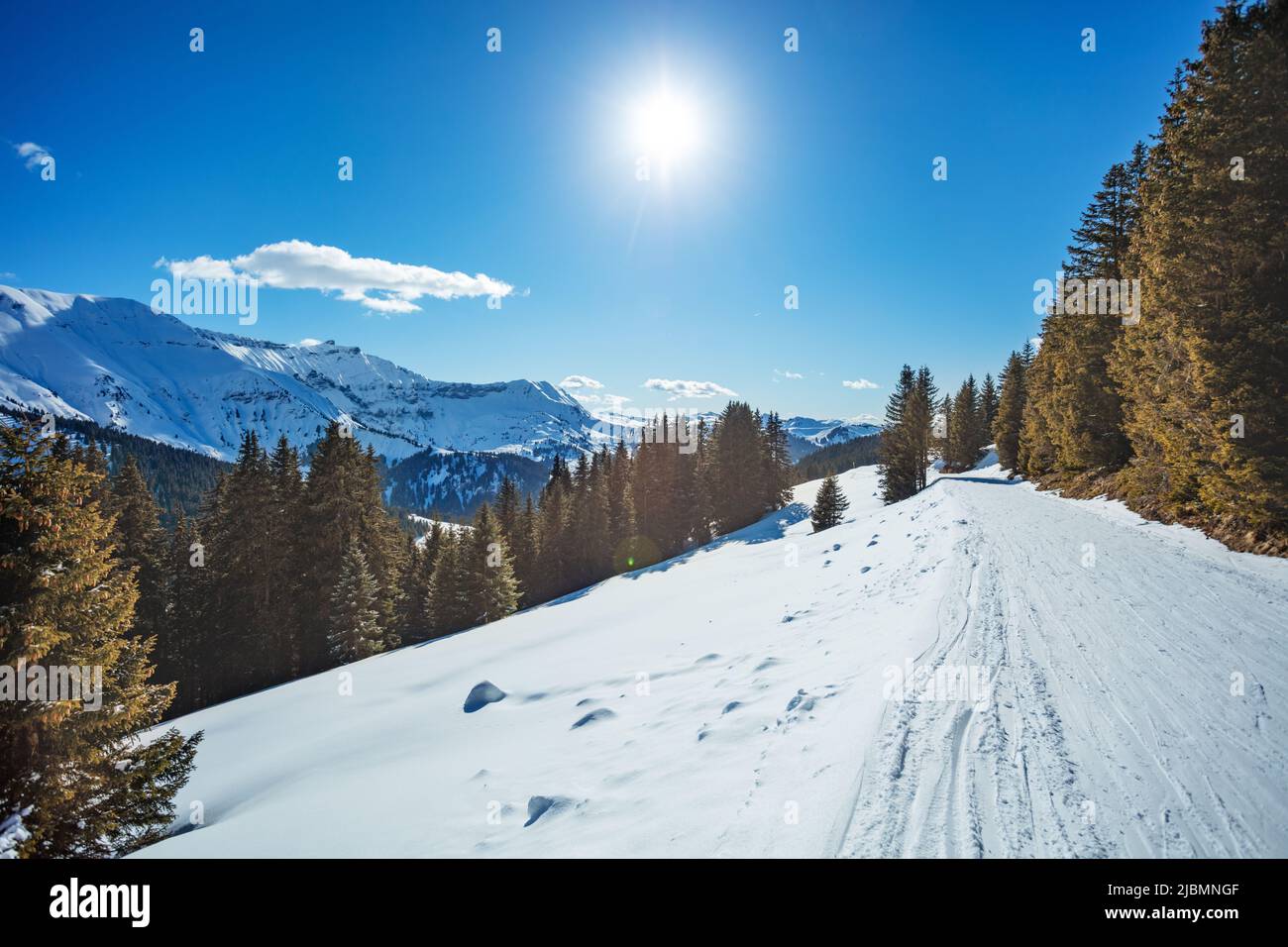 Mountain ski track in woods side over alpine panorama Stock Photo