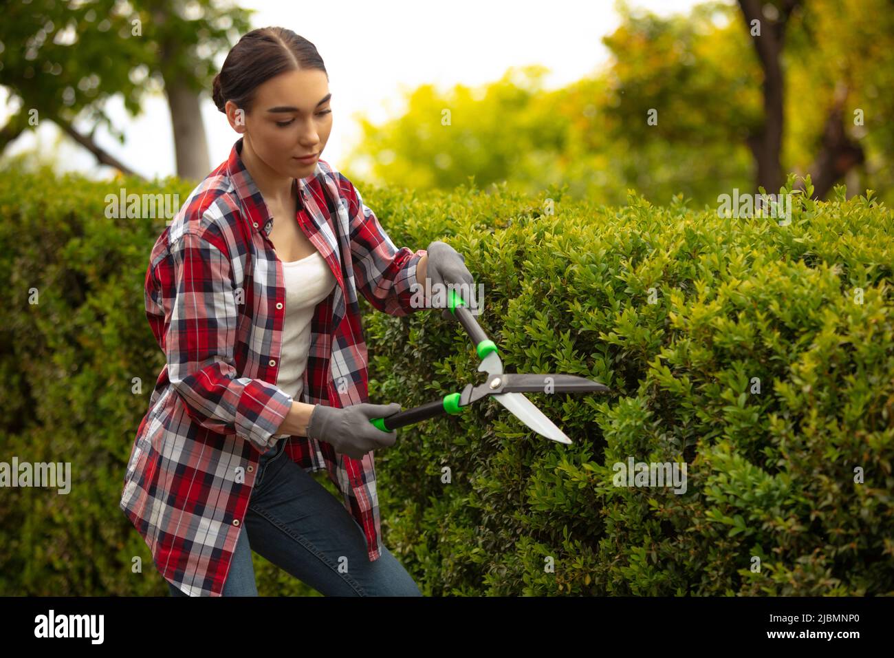 Young girl, farmer working at her garden in sunny day. Concept of