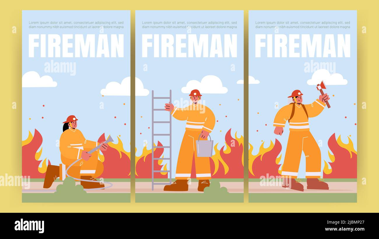 Fireman posters with fire brigade with water hose, ax and ladder. Vector banners with flat illustration of professional firefighters in helmet and saf Stock Vector