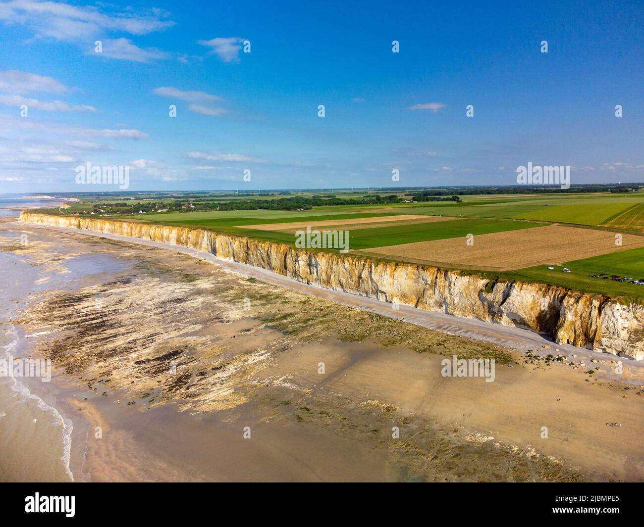 Aerial view on white halk cliffs, green fields of Pays de Caux and ...