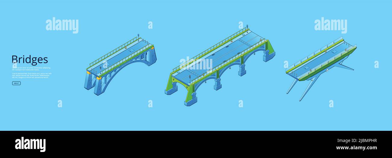 Bridges isometric web banner with city architecture construction of ...