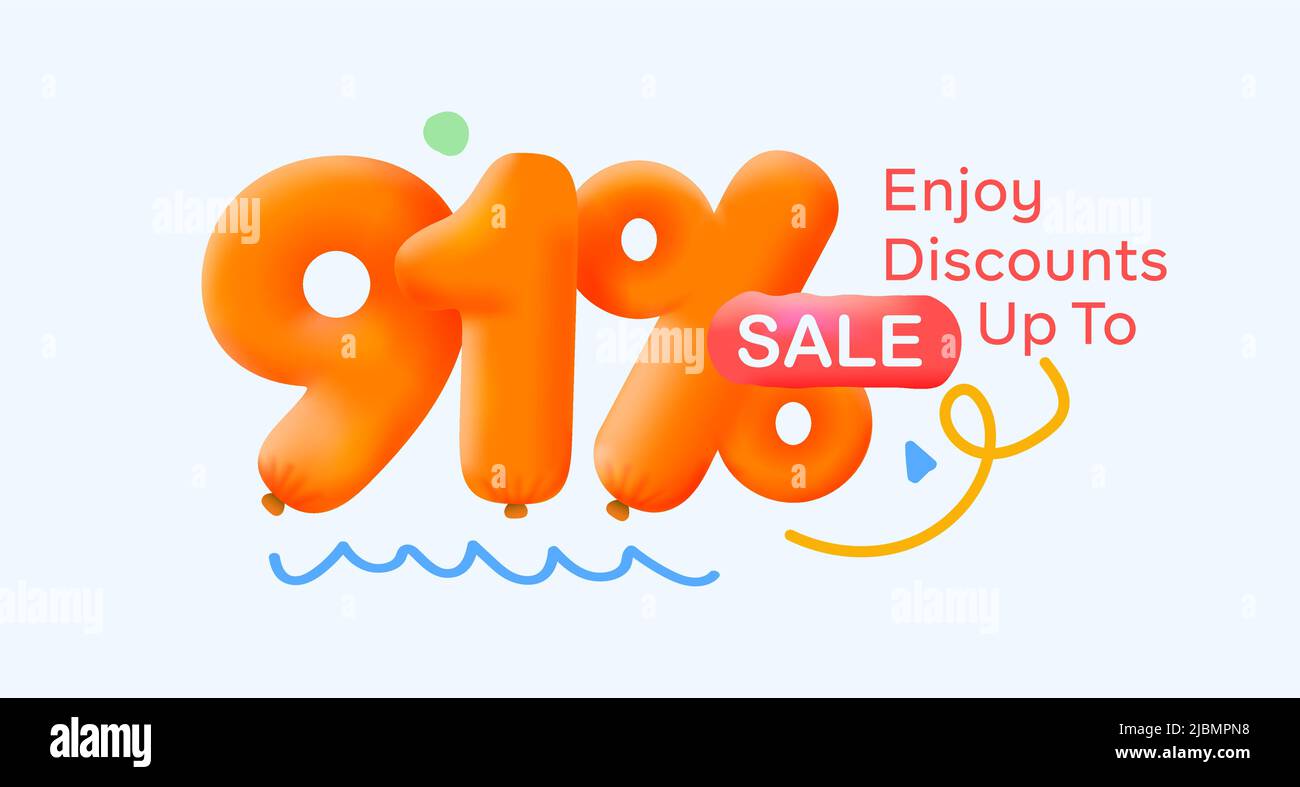 Special offer sale 91% discount 3D number Yellow tag voucher vector illustration. Discount season label 91 percent off promotion advertising summer sale coupon promo marketing banner holiday weekend Stock Vector