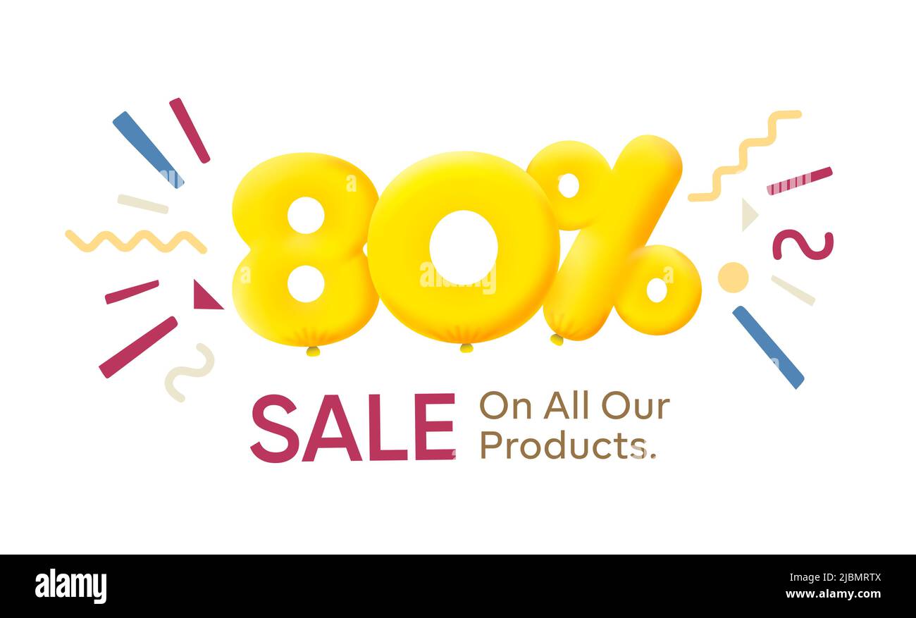 Special offer sale 80% discount 3D number Yellow tag voucher vector illustration. Discount season label 80 percent off promotion advertising summer sale coupon promo marketing banner holiday weekend Stock Vector