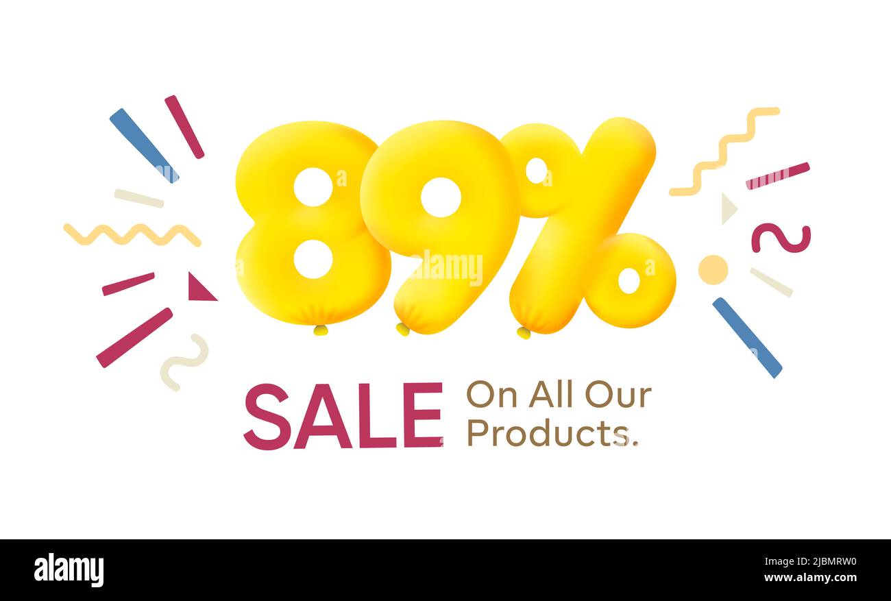 Special offer sale 89% discount 3D number Yellow tag voucher vector illustration. Discount season label 89 percent off promotion advertising summer sale coupon promo marketing banner holiday weekend Stock Vector