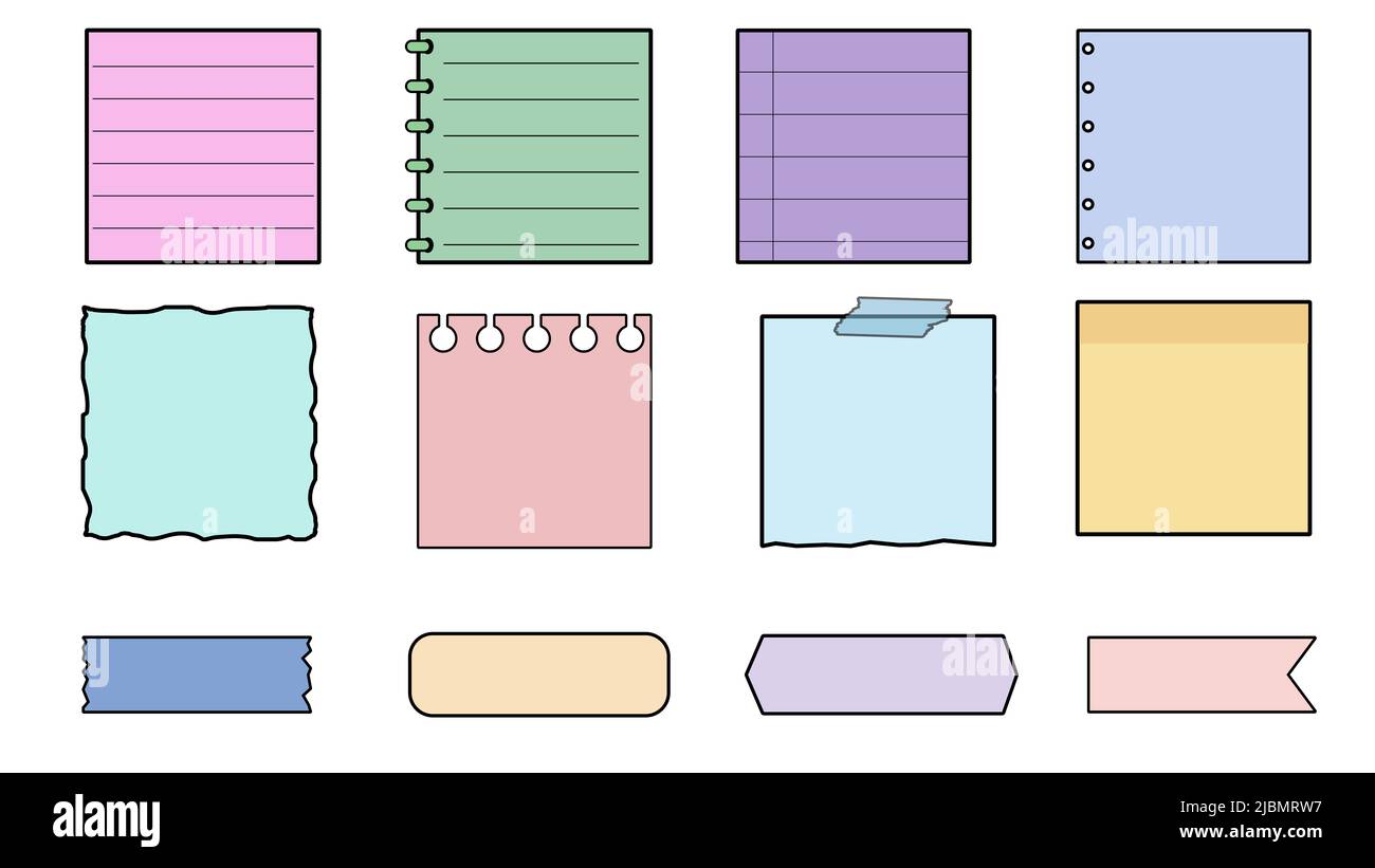 set of cute colorful planner, notepad, memo, grid paper, sticky note