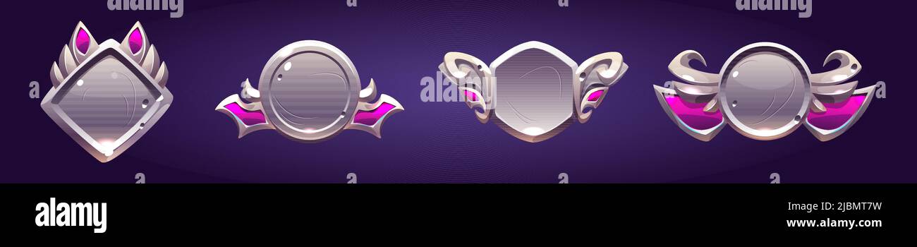 Game silver award labels, trophy badges with frames in medieval style and pink decorative elements.Vector cartoon set of game icons different shapes, Stock Vector