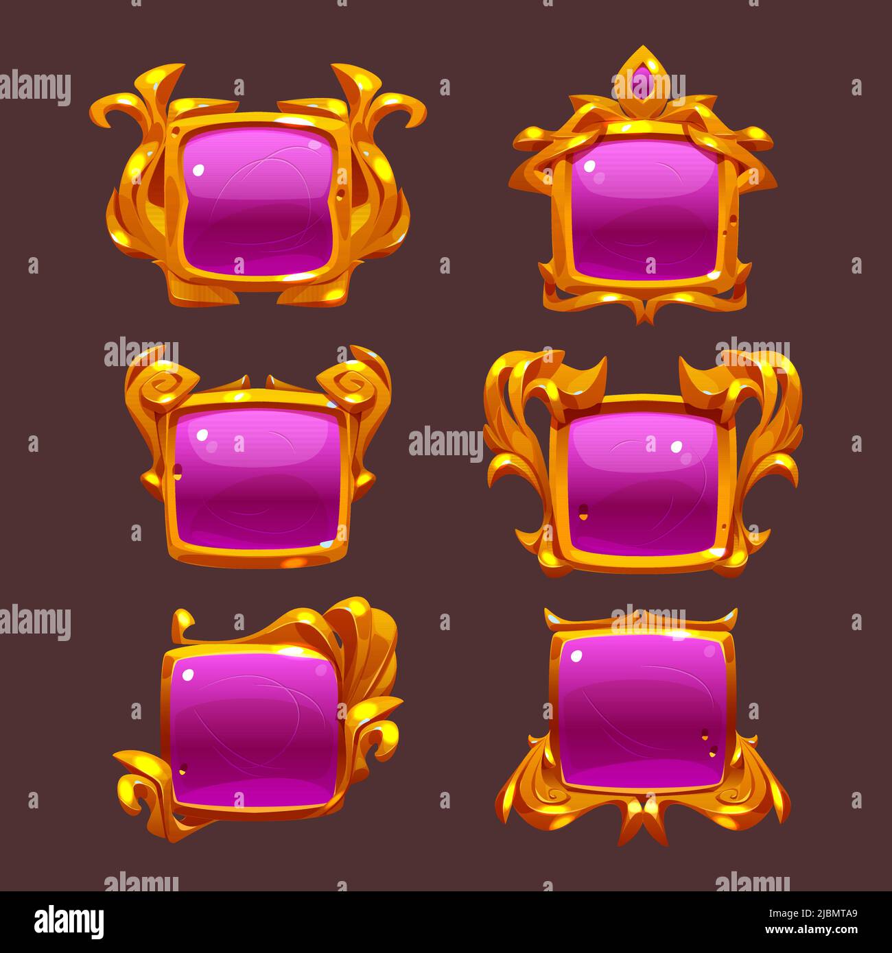 Pink buttons with golden frames for rpg game interface. Vector cartoon ...