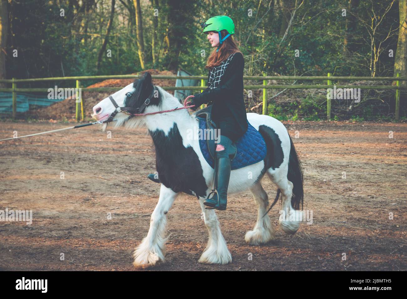 A teenage girl riding a piebald gypsy cob draft horse pony Stock Photo