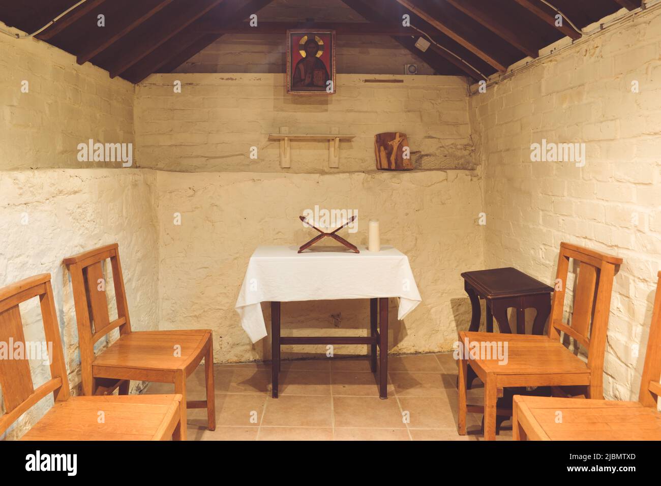 Ascetic interior of the Emmaus Chapel at Launde Abbey Stock Photo