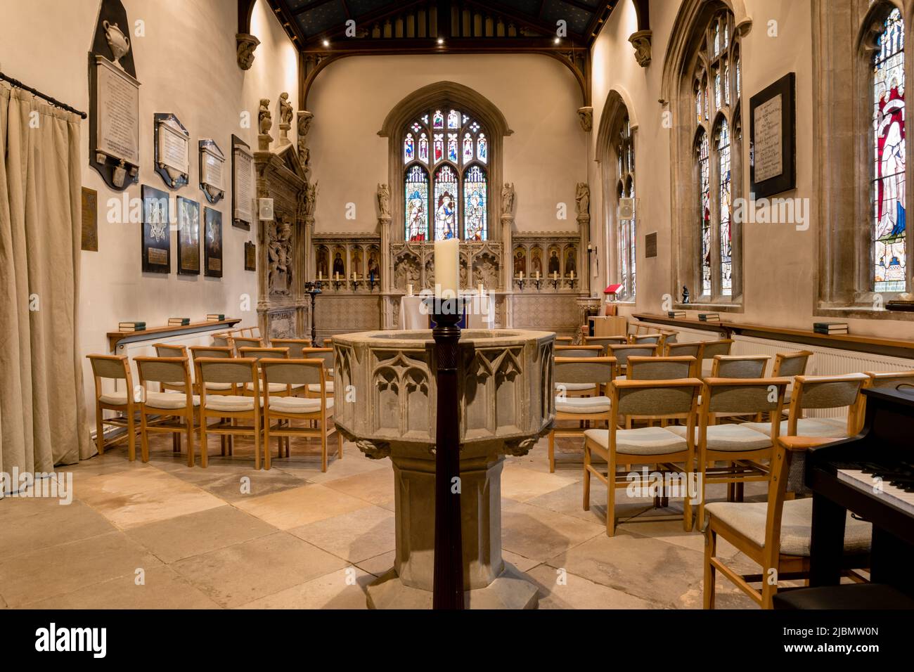 Chapel of Saint John the Baptist at Launde Abbey including baptismal font, nave and chancel Stock Photo