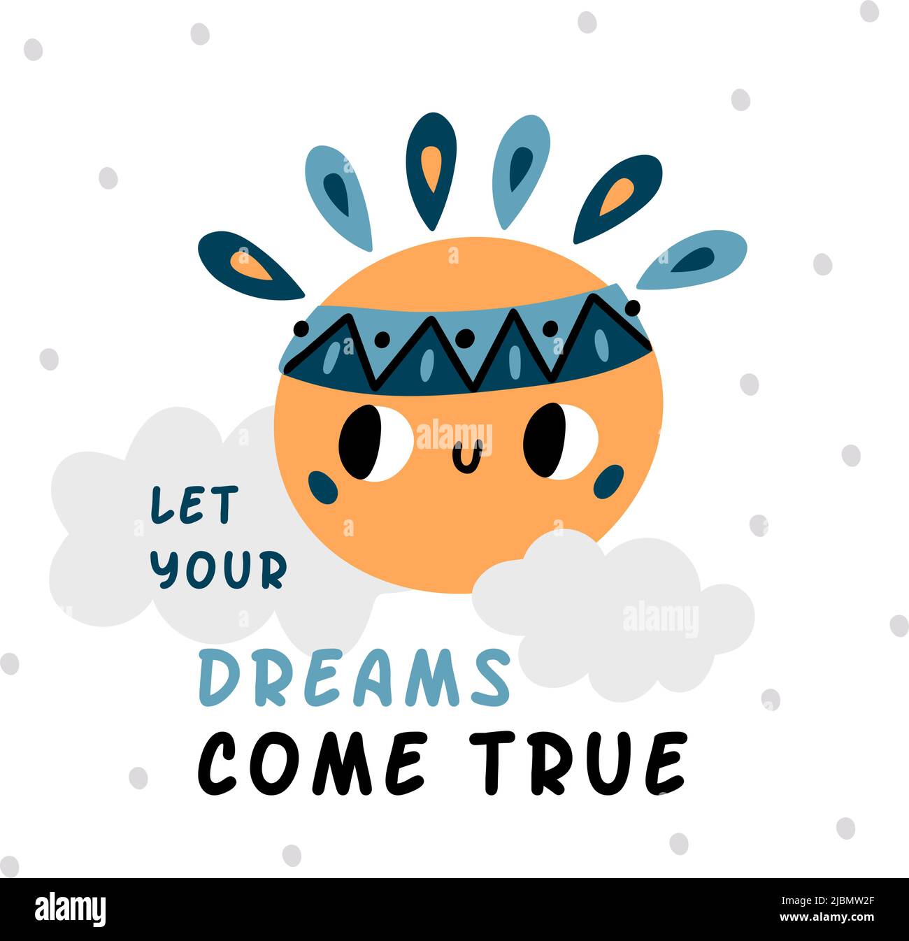 Boho card. Cute sun in clouds with decorative lettering Stock Vector