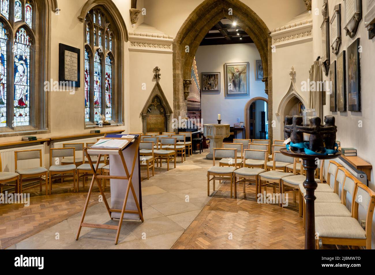 Interior of the Chapel of Saint John the Baptist at Launde Abbey from the front Stock Photo