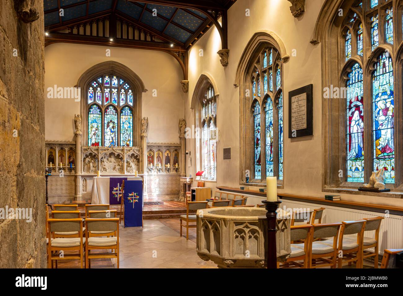 Chapel of Saint John the Baptist at Launde Abbey including baptismal font, nave and chancel Stock Photo