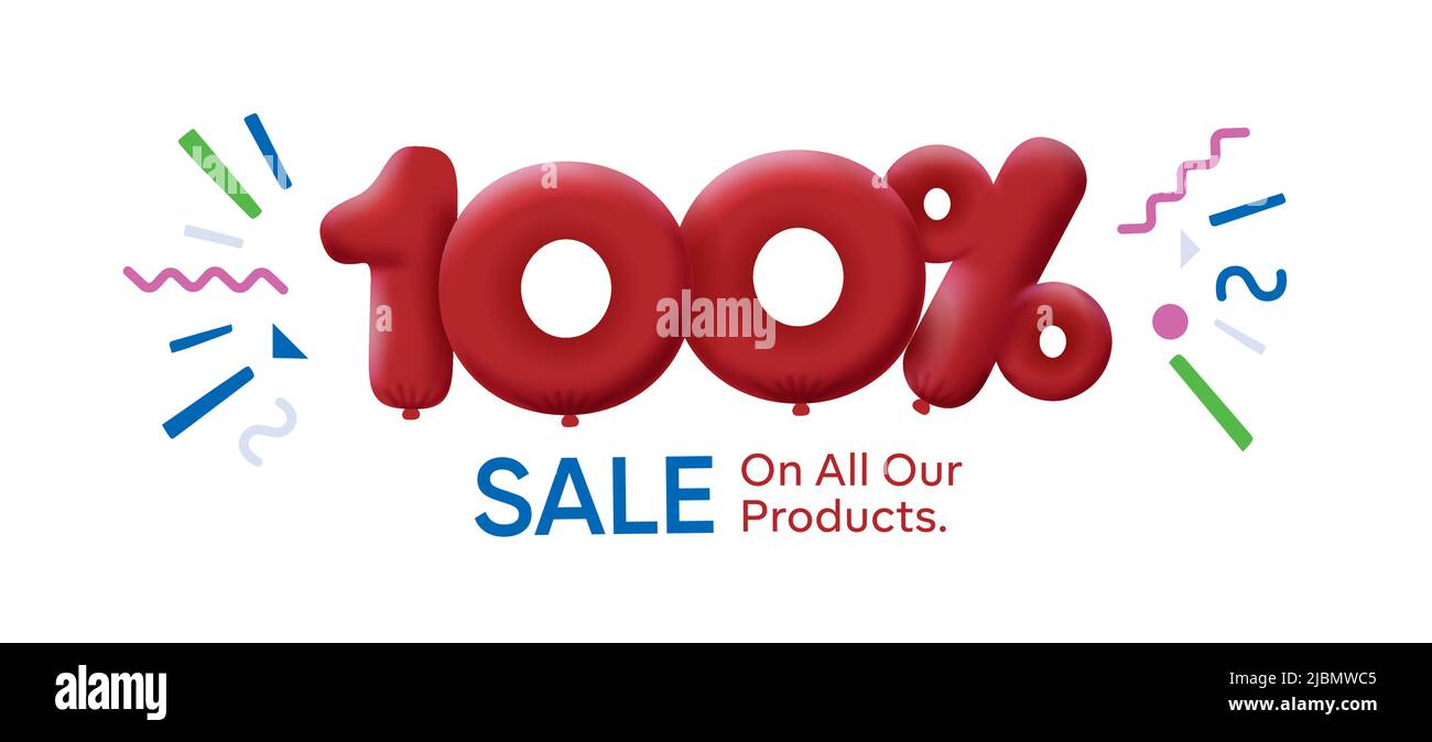 Special summer sale banner 100% discount form of 3d balloons Red Vector design seasonal shopping promo advertisement illustration 3d numbers for tag offer label Enjoy Discounts Up to 100% off Stock Vector