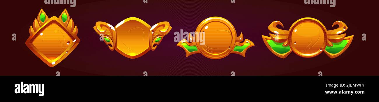 Golden game buttons with fantasy frames, achievement badges isolated on ...
