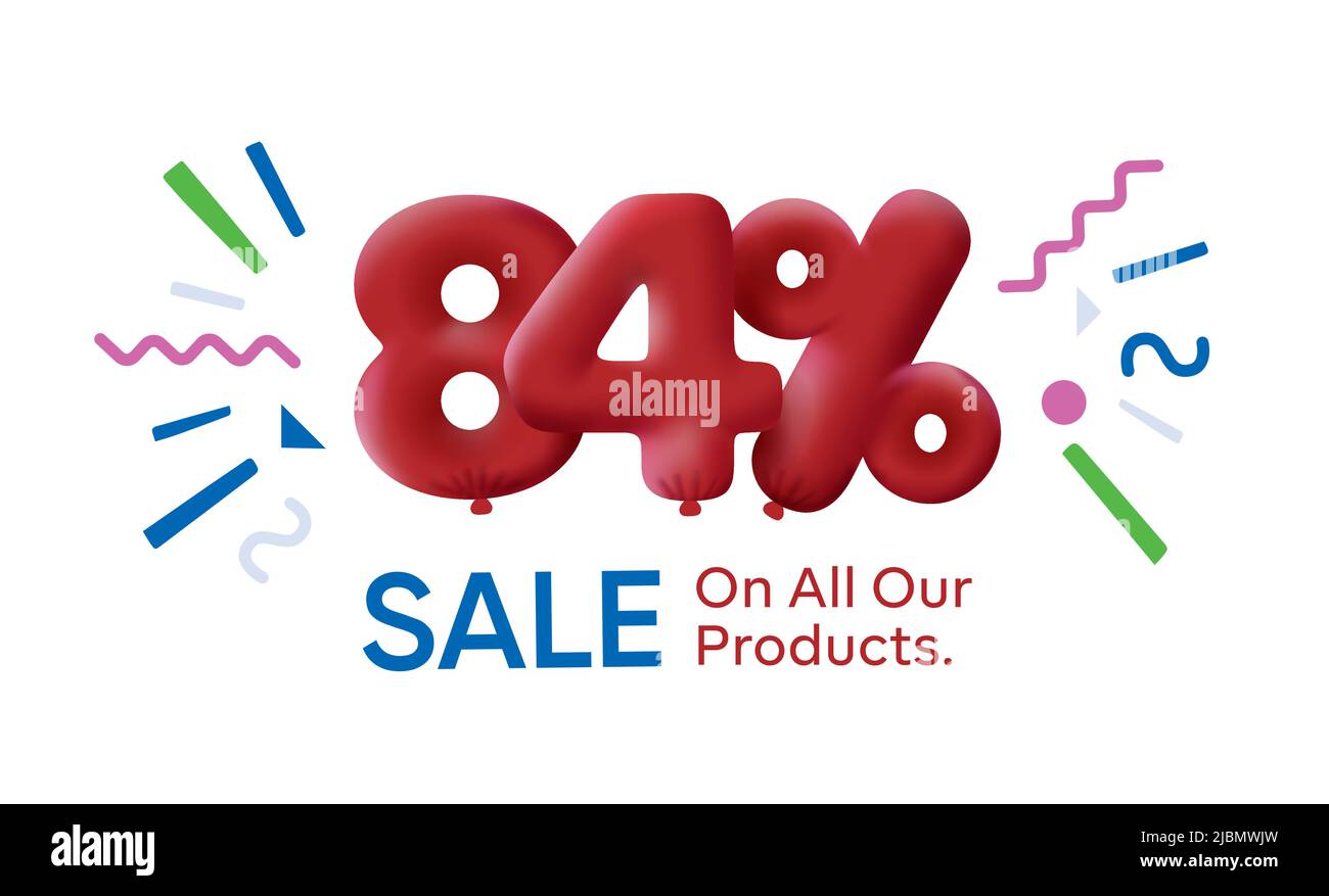 Special summer sale banner 84% discount in form of 3d balloons Red Vector design seasonal shopping promo advertisement illustration 3d numbers for tag offer label Enjoy Discounts Up to 84% off Stock Vector