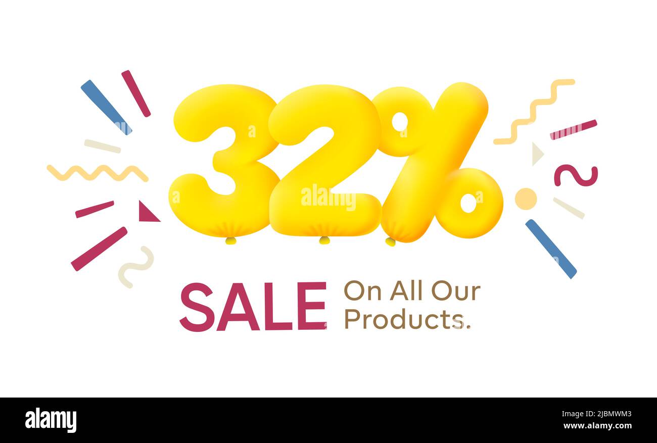 Special offer sale 32% discount 3D number Yellow tag voucher vector illustration. Discount season label 32 percent off promotion advertising summer sale coupon promo marketing banner holiday weekend Stock Vector