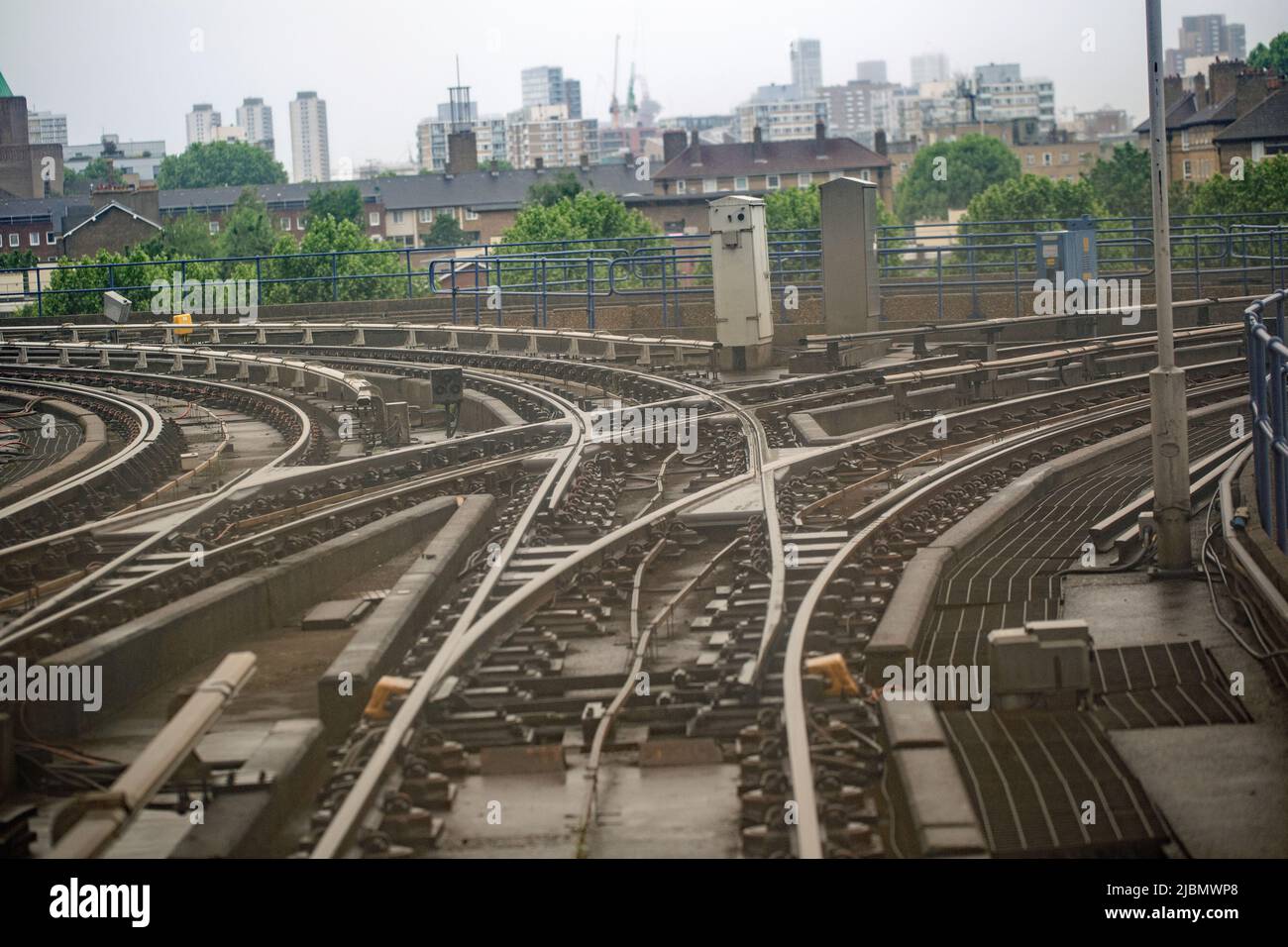 London, England, May 23rd, 2022, many lines converge together on the Docklands Light Railway Stock Photo