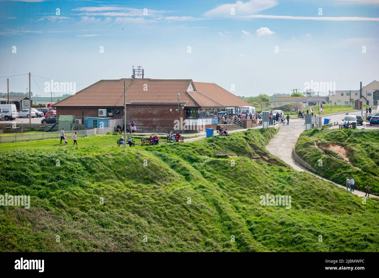 Landscape of the cafe and tourist entrance at Flamborough North Landing near Bridlington on a sunny day Stock Photo