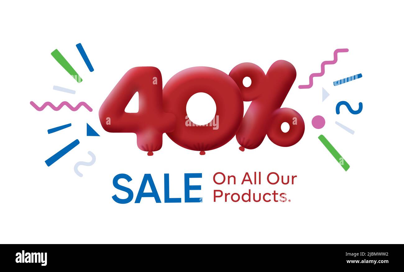 Special summer sale banner 40% discount in form of 3d balloons Red Vector design seasonal shopping promo advertisement illustration 3d numbers for tag offer label Enjoy Discounts Up to 40% off Stock Vector