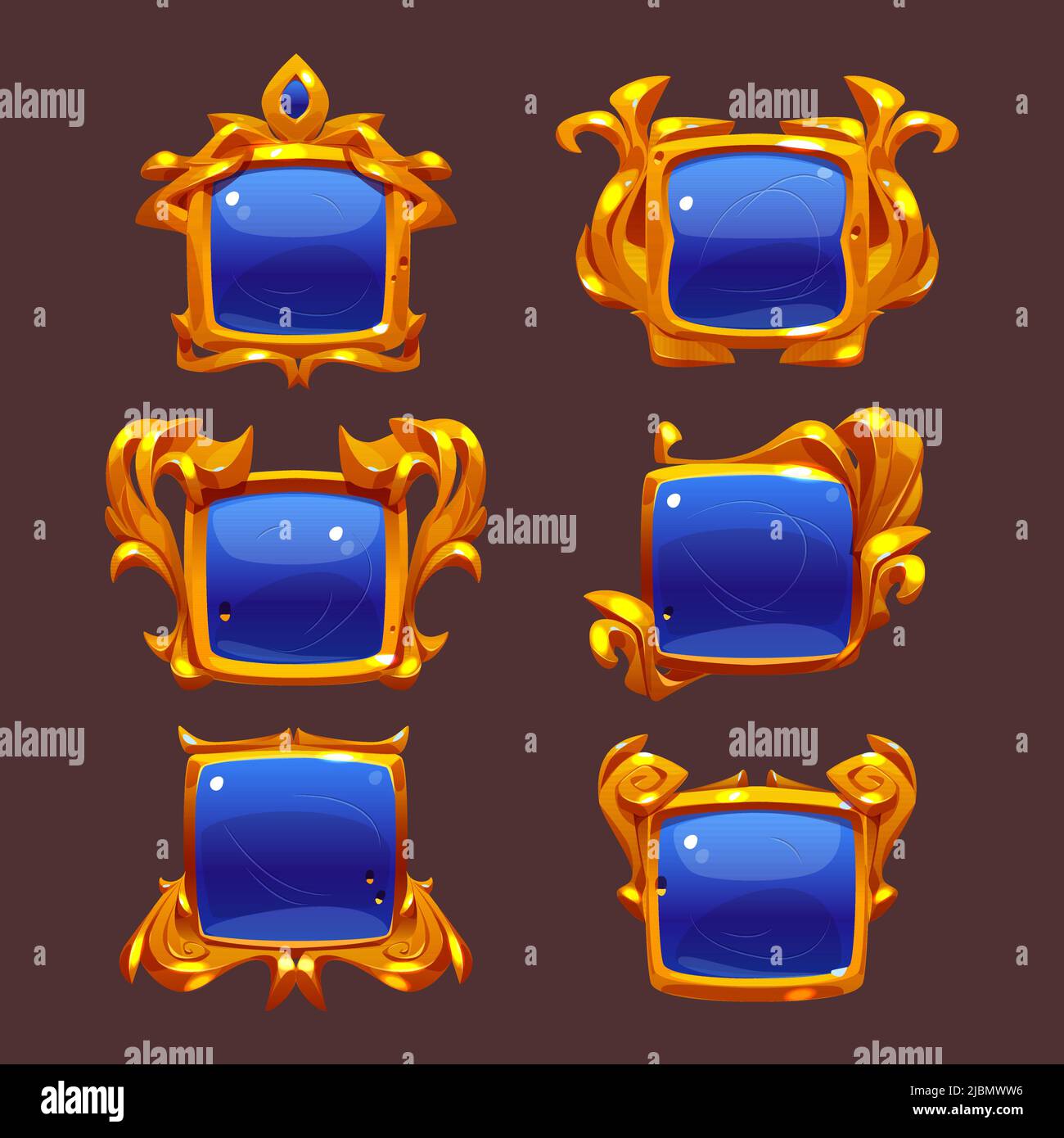 Blue game buttons with gold fantasy frames. Vector cartoon set of old ...