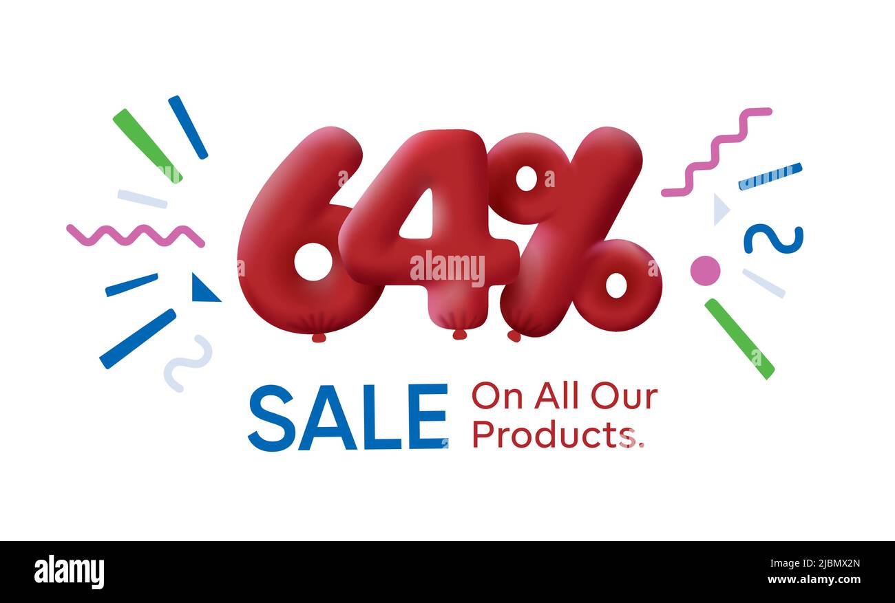 Special summer sale banner 64% discount in form of 3d balloons Red Vector design seasonal shopping promo advertisement illustration 3d numbers for tag offer label Enjoy Discounts Up to 64% off Stock Vector