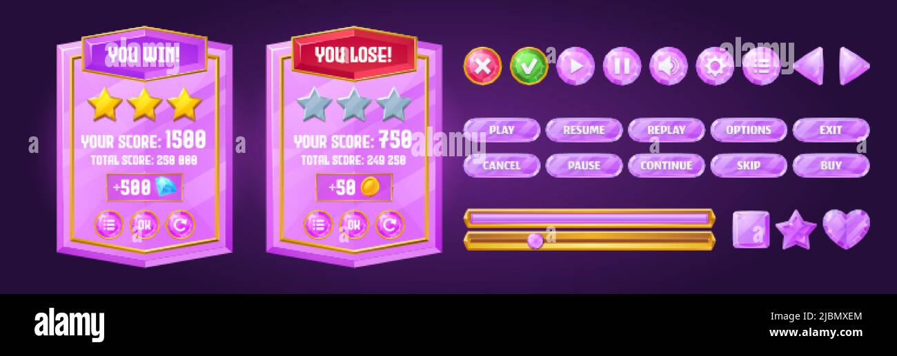 Game ui interface boards with level score and menu buttons with purple crystal texture. Vector