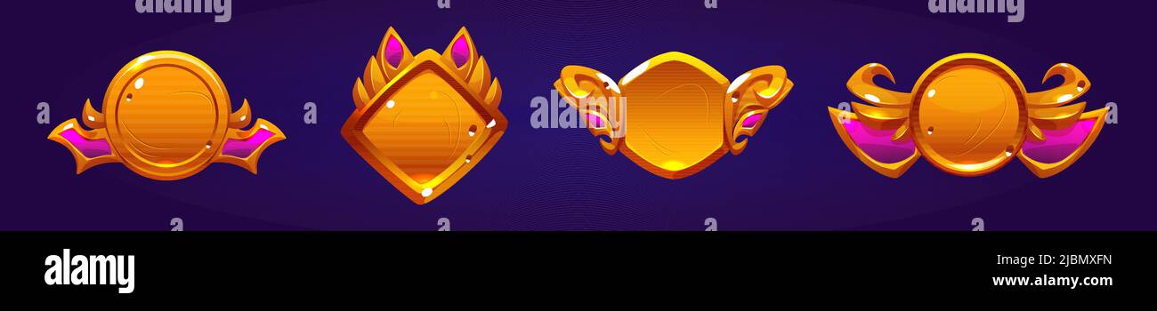 Game buttons, golden achievement badges with decorative frames isolated ...