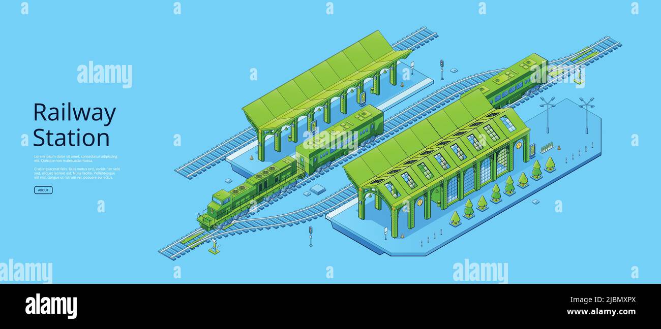 Railway station poster with isometric rail track, train and platform ...