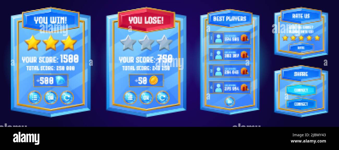 Game boards with win and lose banners, best players list, rate and share buttons. Vector cartoon set of blue glass gui elements, complete and failed l Stock Vector