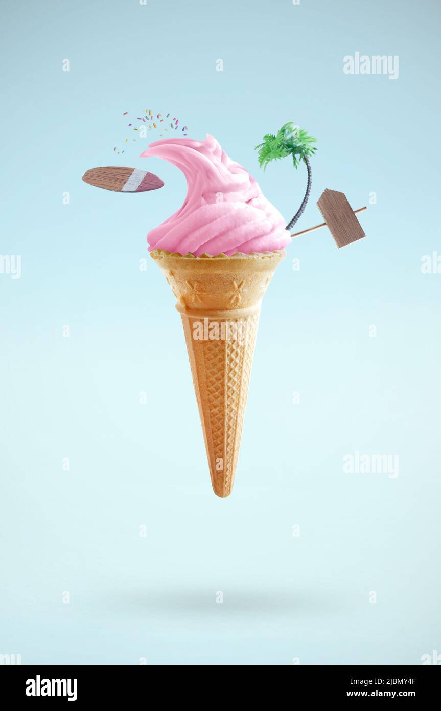 Strawberry ice cream ‘wave’ with surfboard, beach sign and palm tree