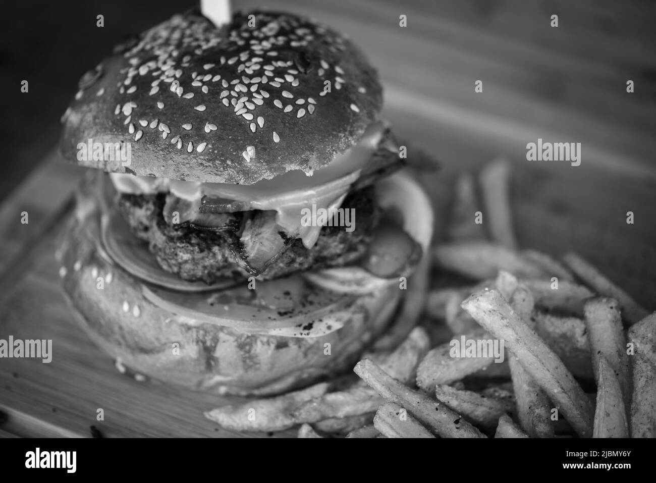 tasty delicious home made burgers with french fries Stock Photo