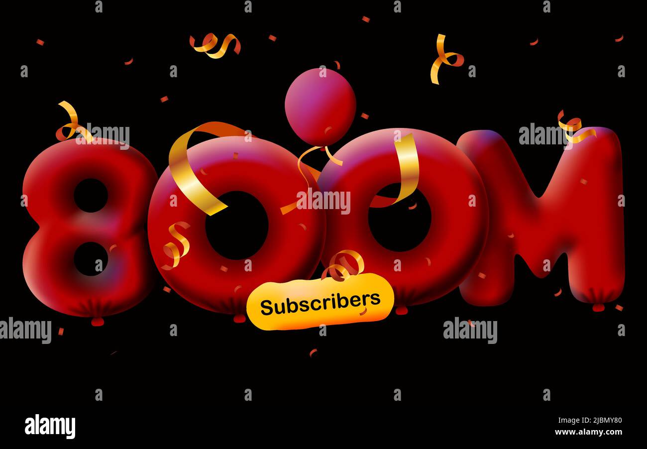 Banner with 800M followers thank you 3d red balloons and colorful confetti. Vector illustration 3d numbers for social media 800000000 followers thanks, Blogger celebrating subscribers, likes Stock Vector